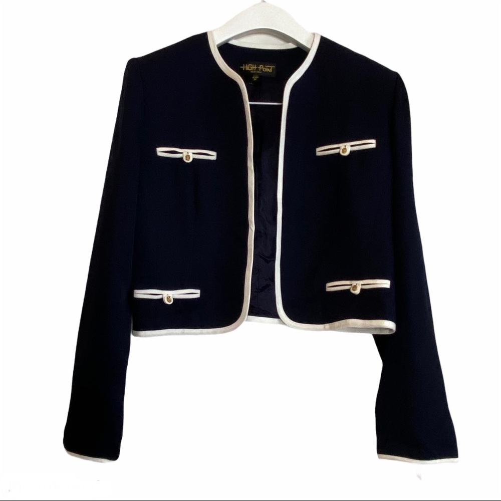 Navy & White Trimmed Vintage Bolero Blazer Size M